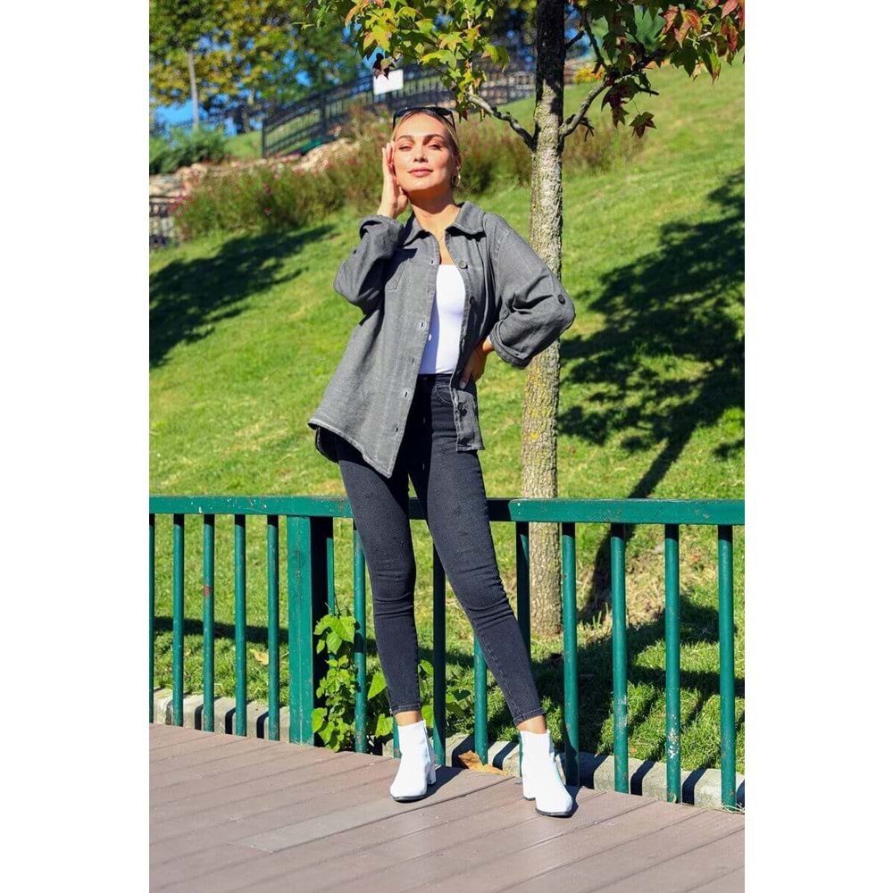 Asimetrik Kesim Gabardin Füme Gömlek - ANTRASİT - STANDART